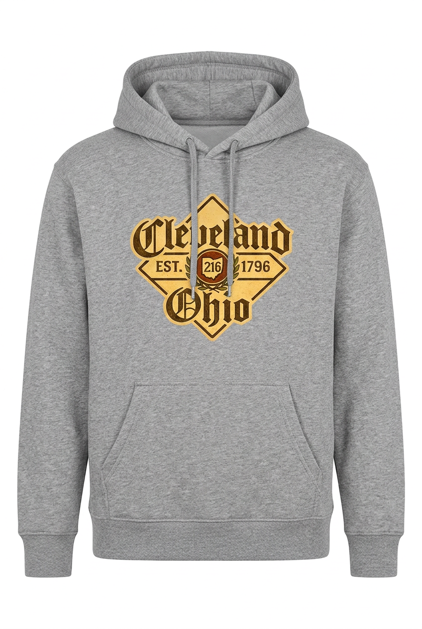 Cleveland Beer Label on a gray pullover hoodie.