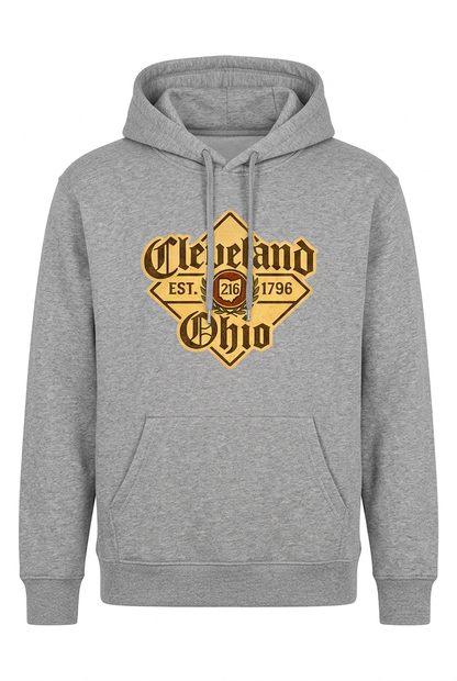 Cleveland Beer Label on a gray pullover hoodie.