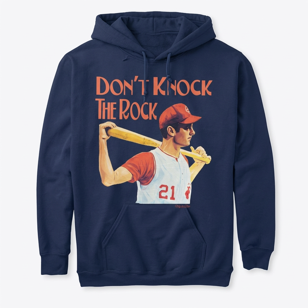 Don't Knock the Rock baseball design on navy hoodie
