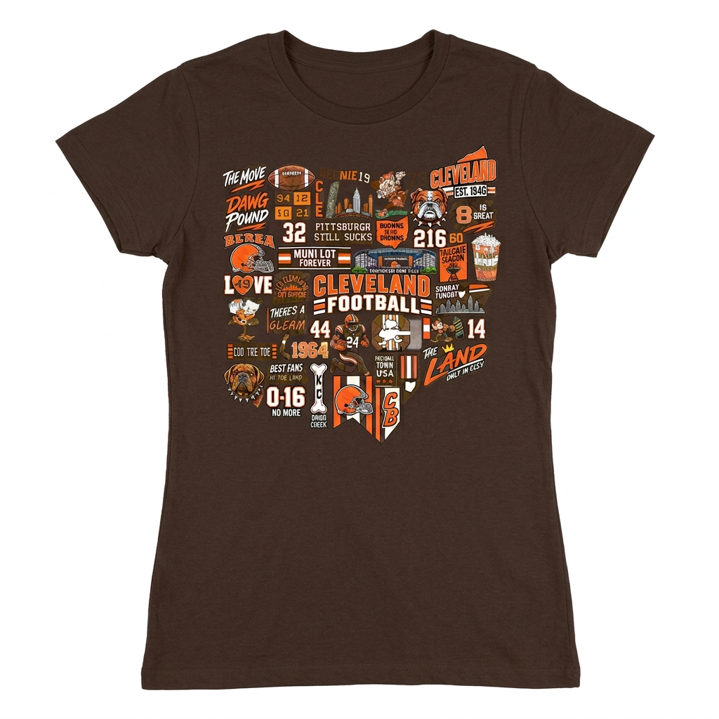 Cleveland football Ohio collage on brown women's short sleeve T-shirt
