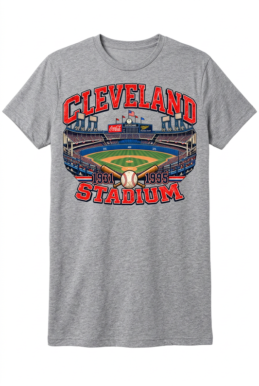 Cleveland Baseball Stadium on gray unisex short sleeve shirt