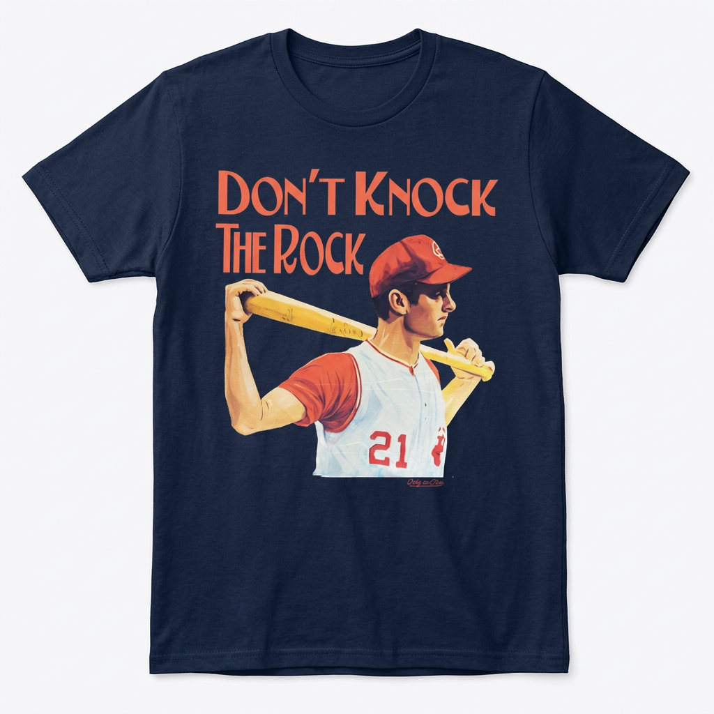 Don't Knock the Rock baseball design on men's navy tee