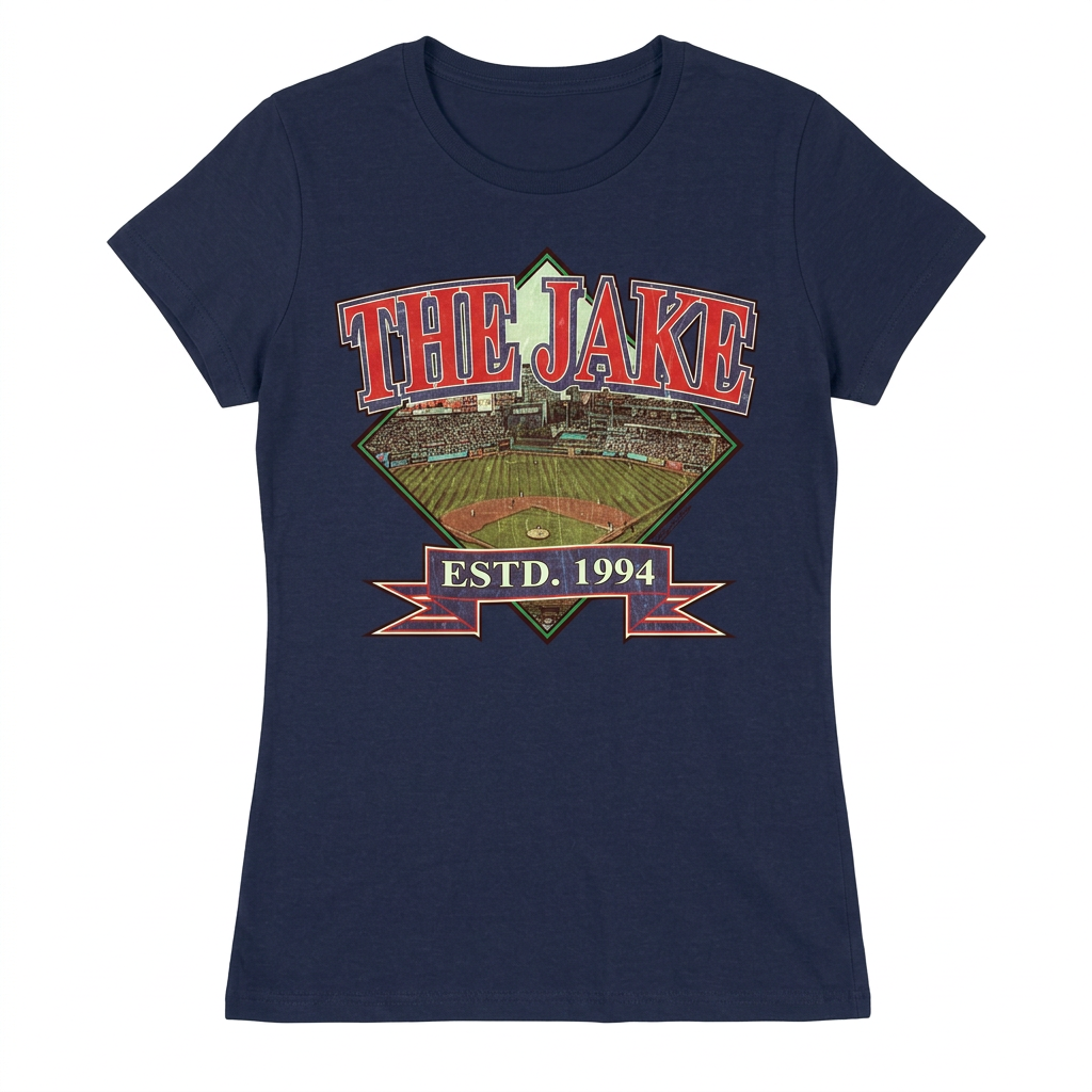 The Jake Cleveland baseball design on women's navy short-sleeve T-shirt