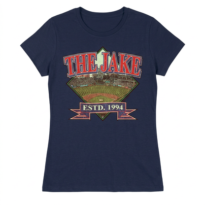 The Jake Cleveland baseball design on women's navy short-sleeve T-shirt