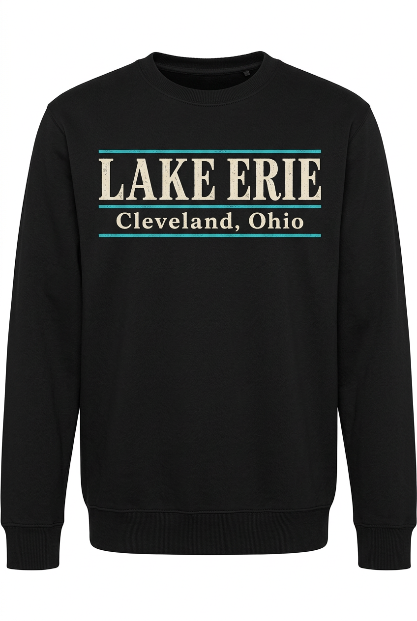 Lake Erie Lettering on black crew sweatshirt