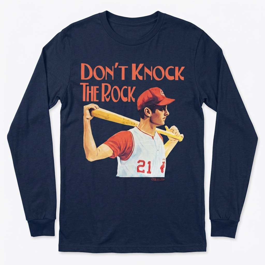 Don't Knock the Rock baseball design on navy long-sleeve tee
