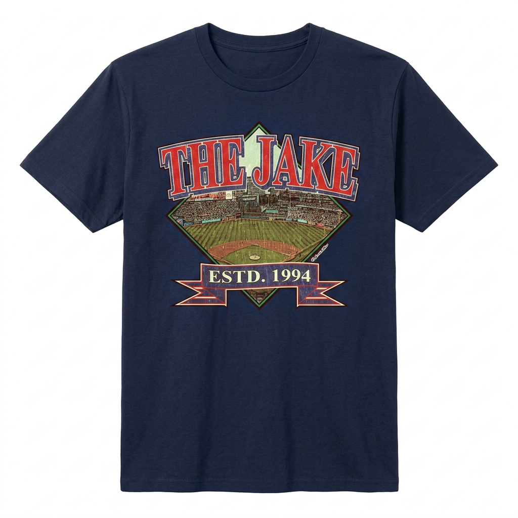 The Jake Cleveland baseball design on men's navy short-sleeve T-shirt
