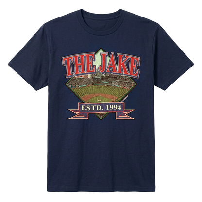 The Jake Cleveland baseball design on men's navy short-sleeve T-shirt