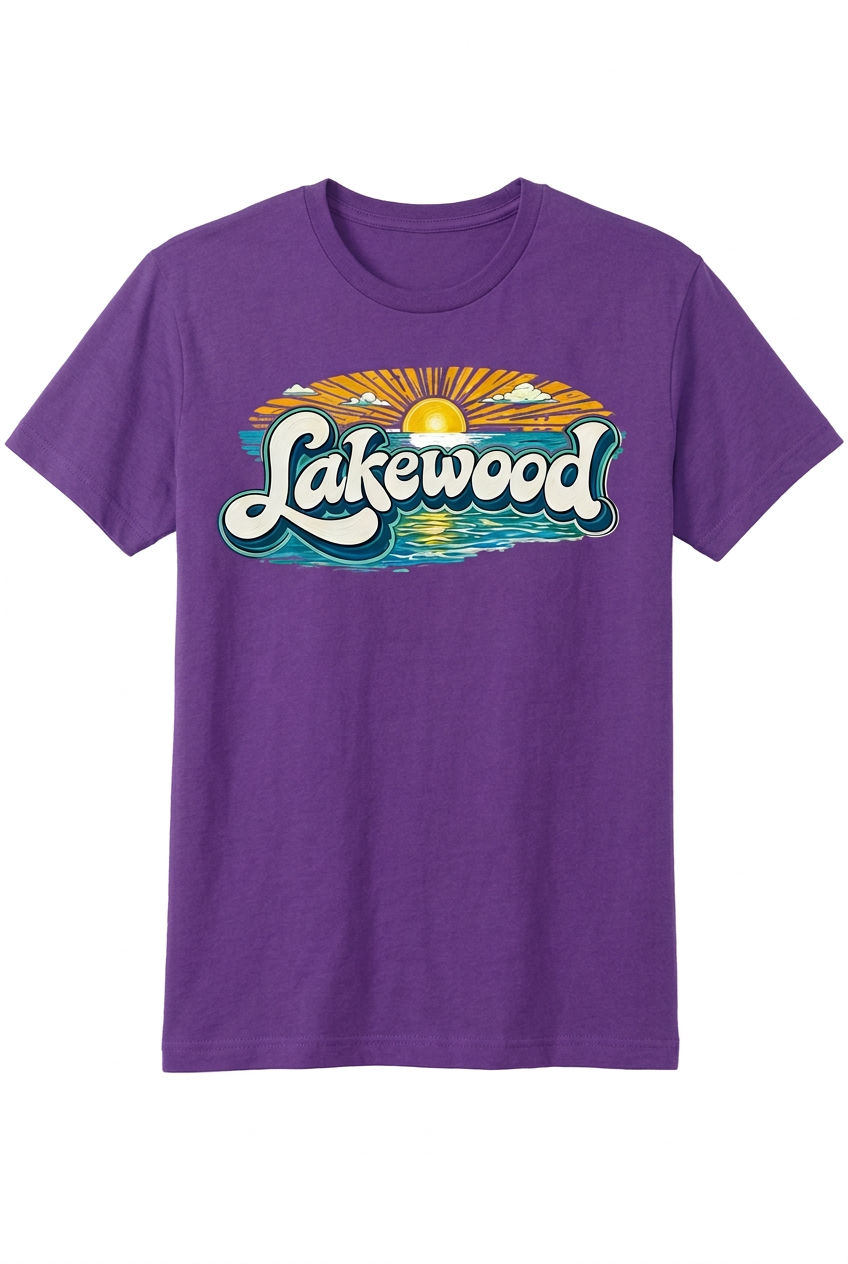 Lakewood Sunset on purple men's short sleeve T-shirt, full garment