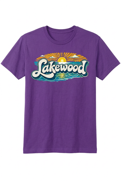 Lakewood Sunset on purple men's short sleeve T-shirt, full garment