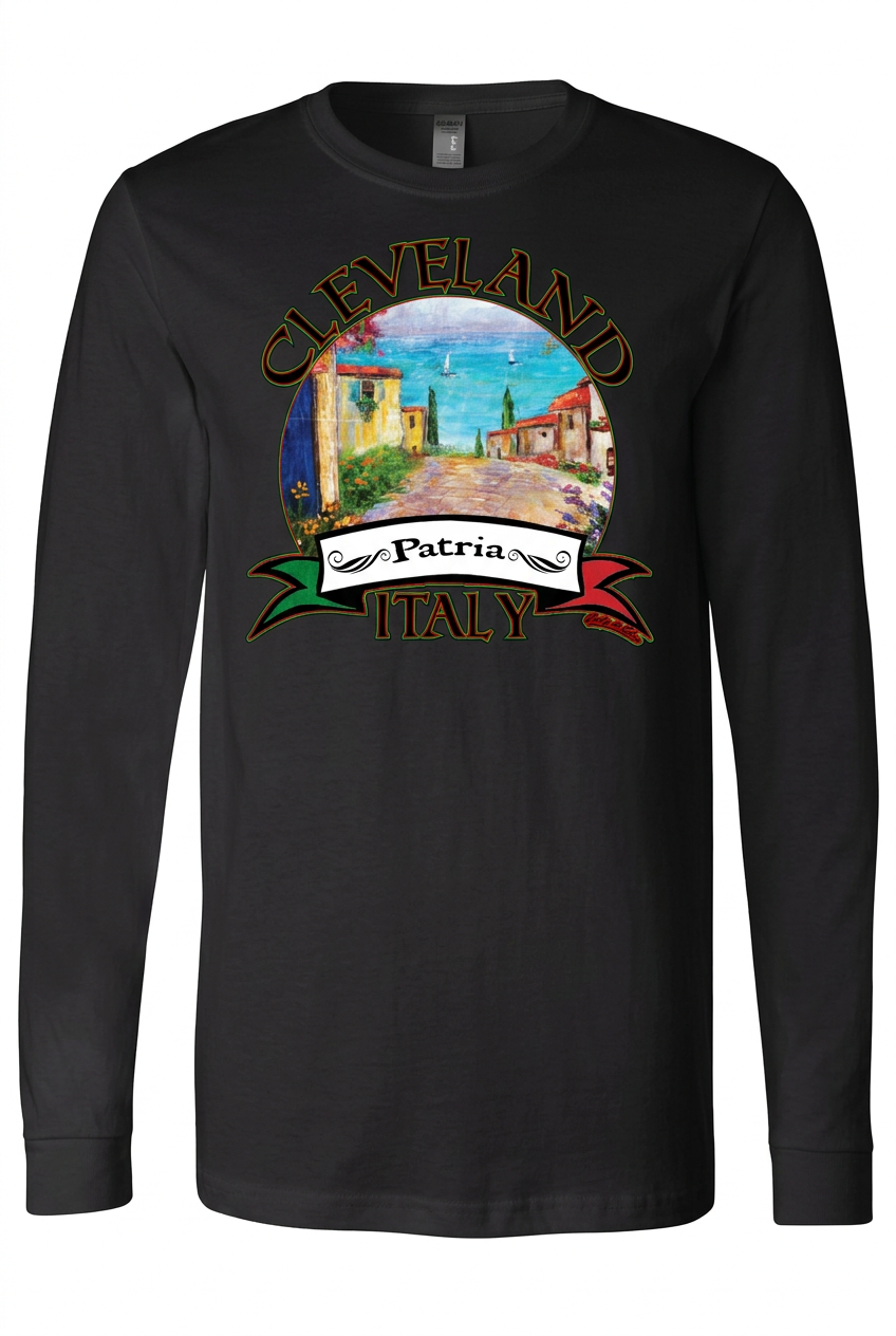 Cleveland Patria Italy design on a black long-sleeve T-shirt
