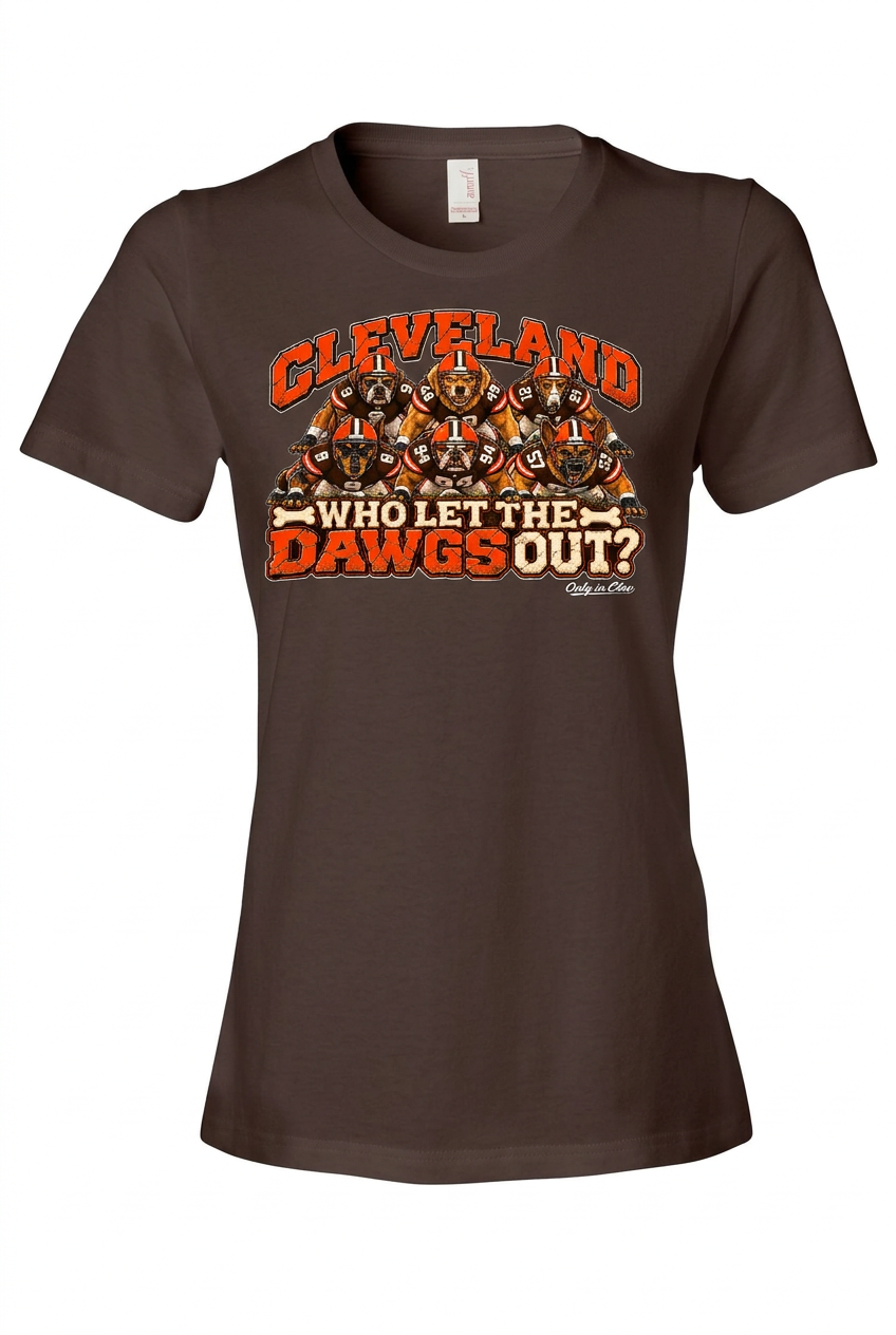 Who Let the Dawgs Out design on brown women's short sleeve shirt