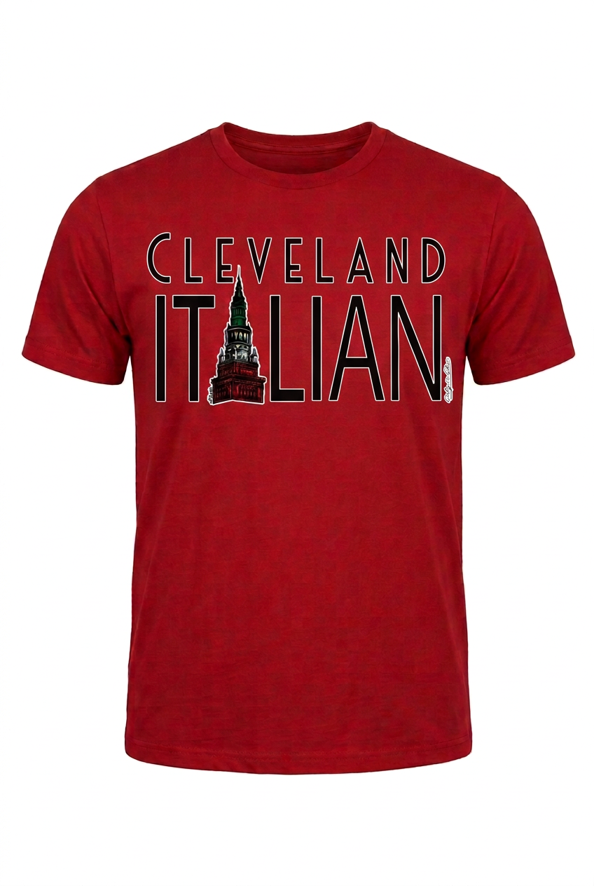 Cleveland Italian design on a red men's T-shirt