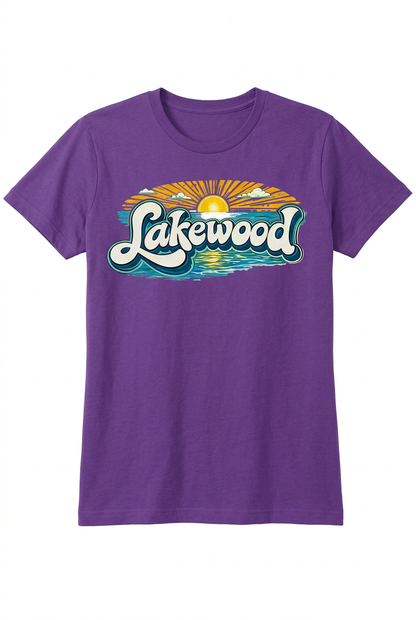 Lakewood Sunset on purple women's short sleeve T-shirt