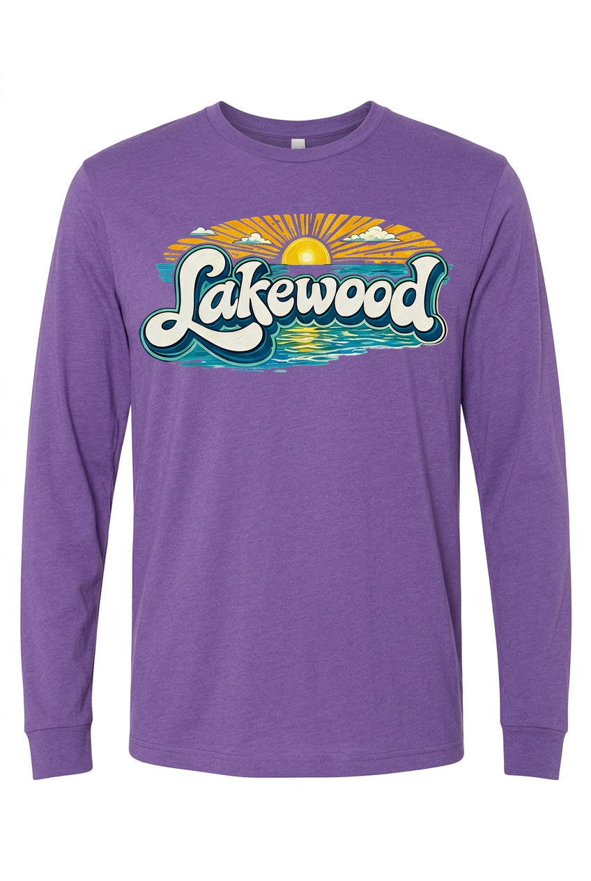 Lakewood Sunset on purple long sleeve T-shirt