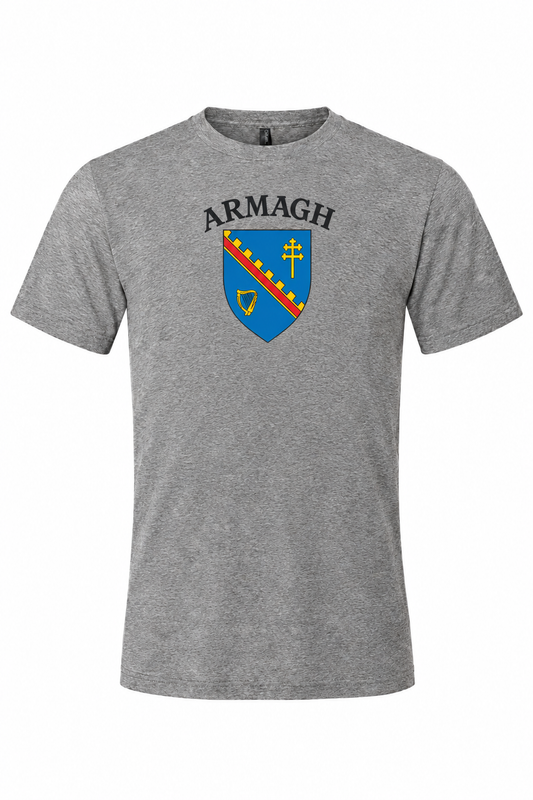 Men's gray short-sleeve tee with Armagh county shield