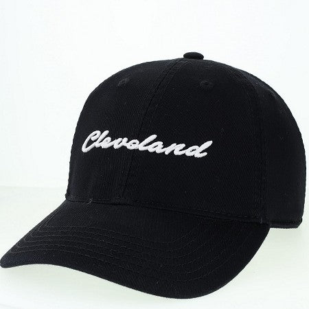 "White Cleveland Script" on Black Hat - Only in Clev 