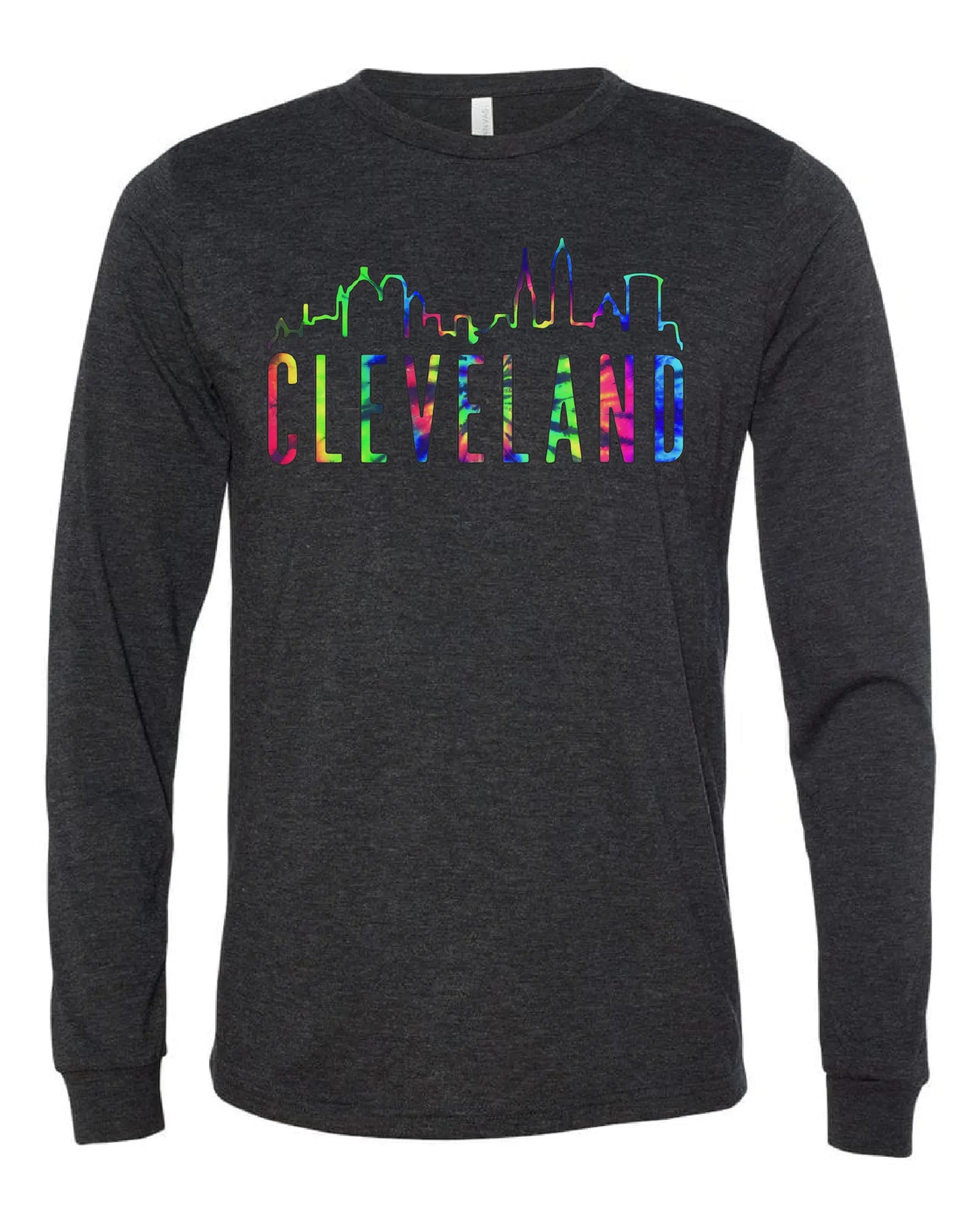 A black long sleeve with the word 'CLEVELAND' printed in colorful letters with the Cleveland skyline.