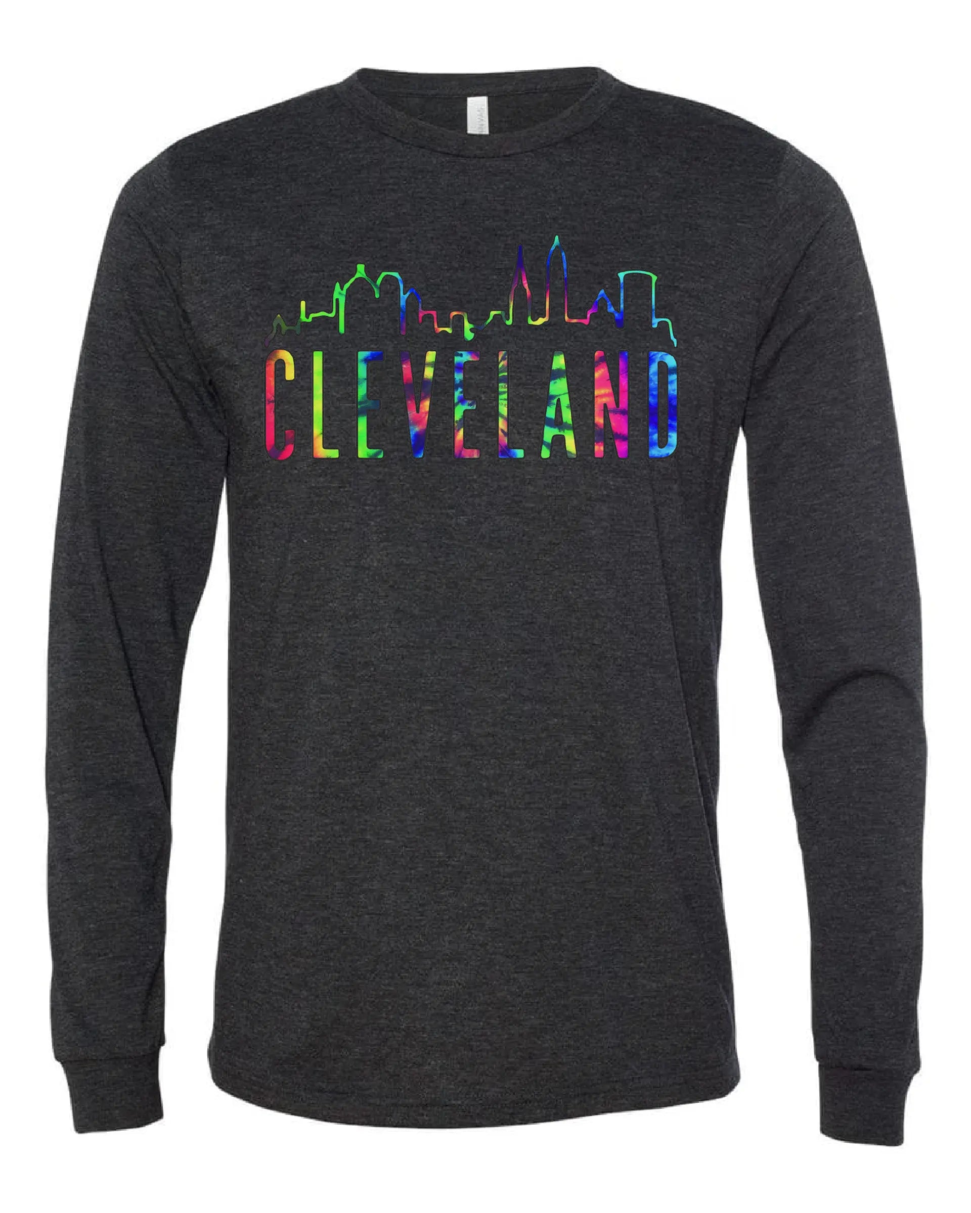 A black long sleeve with the word 'CLEVELAND' printed in colorful letters with the Cleveland skyline.