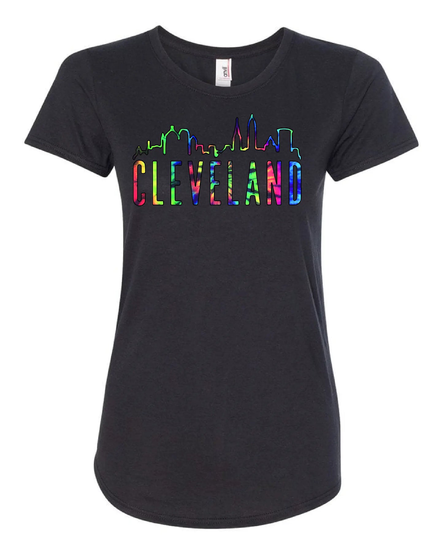 A black womens  t-shirt with the word 'CLEVELAND' printed in colorful letters with the Cleveland skyline.