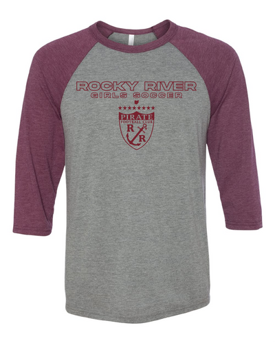 Rocky River Pirate's Crest on Maroon and Grey Baseball Tee
