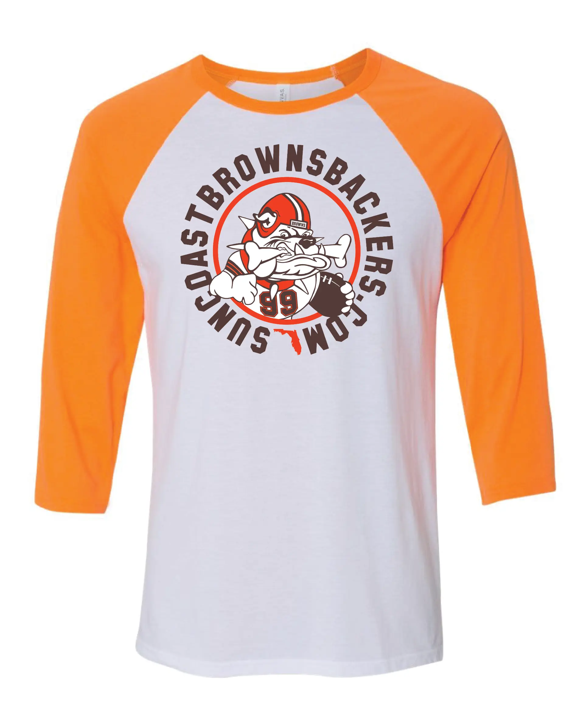 "Suncoast Browns Backers" Design on Raglan 3/4 Quarters - Only in Clev 2XL-Raglan-3-4-sleeves-gray-orange-color