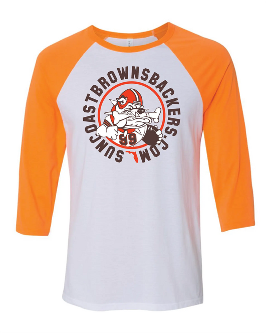 "Suncoast Browns Backers" Design on Raglan 3/4 Quarters - Only in Clev 2XL-Raglan-3-4-sleeves-gray-orange-color