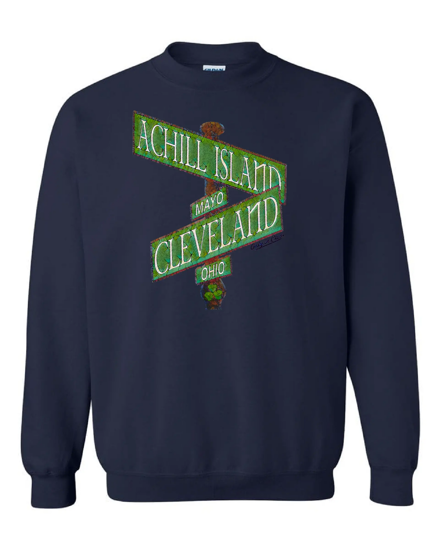 "Achill Island Cleveland Sign" Irish Design on Navy - Only in Clev 