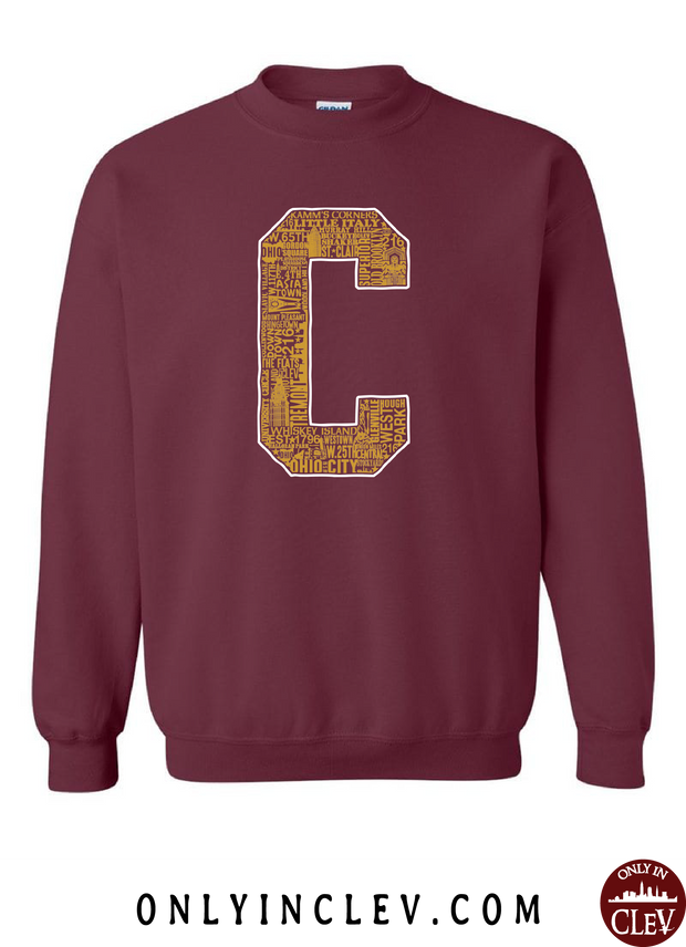 "Cleveland Neighborhoods Gold Block C" on Maroon - Only in Clev