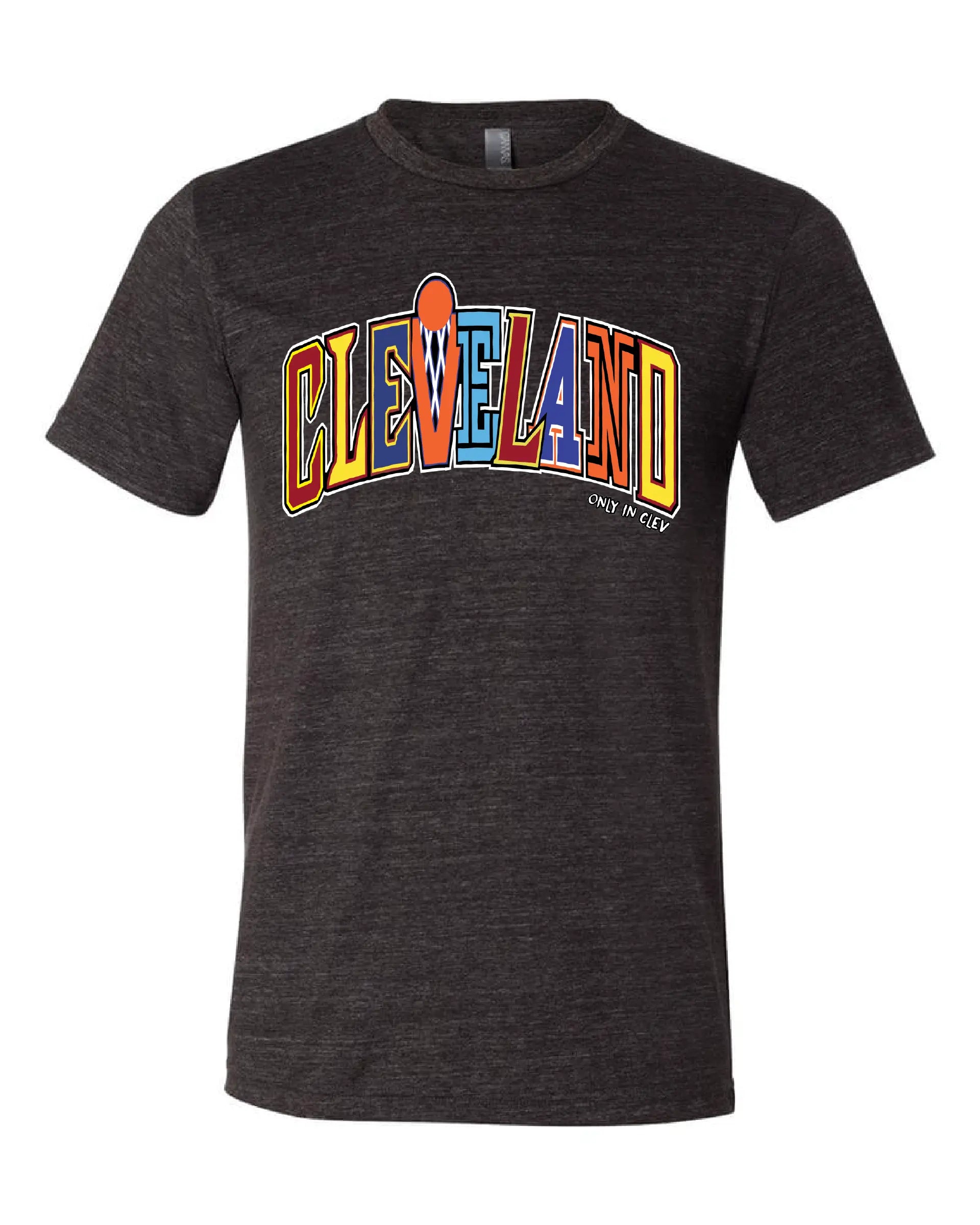"Cleveland Basketball Colorful Script" on Black - Only in Clev 