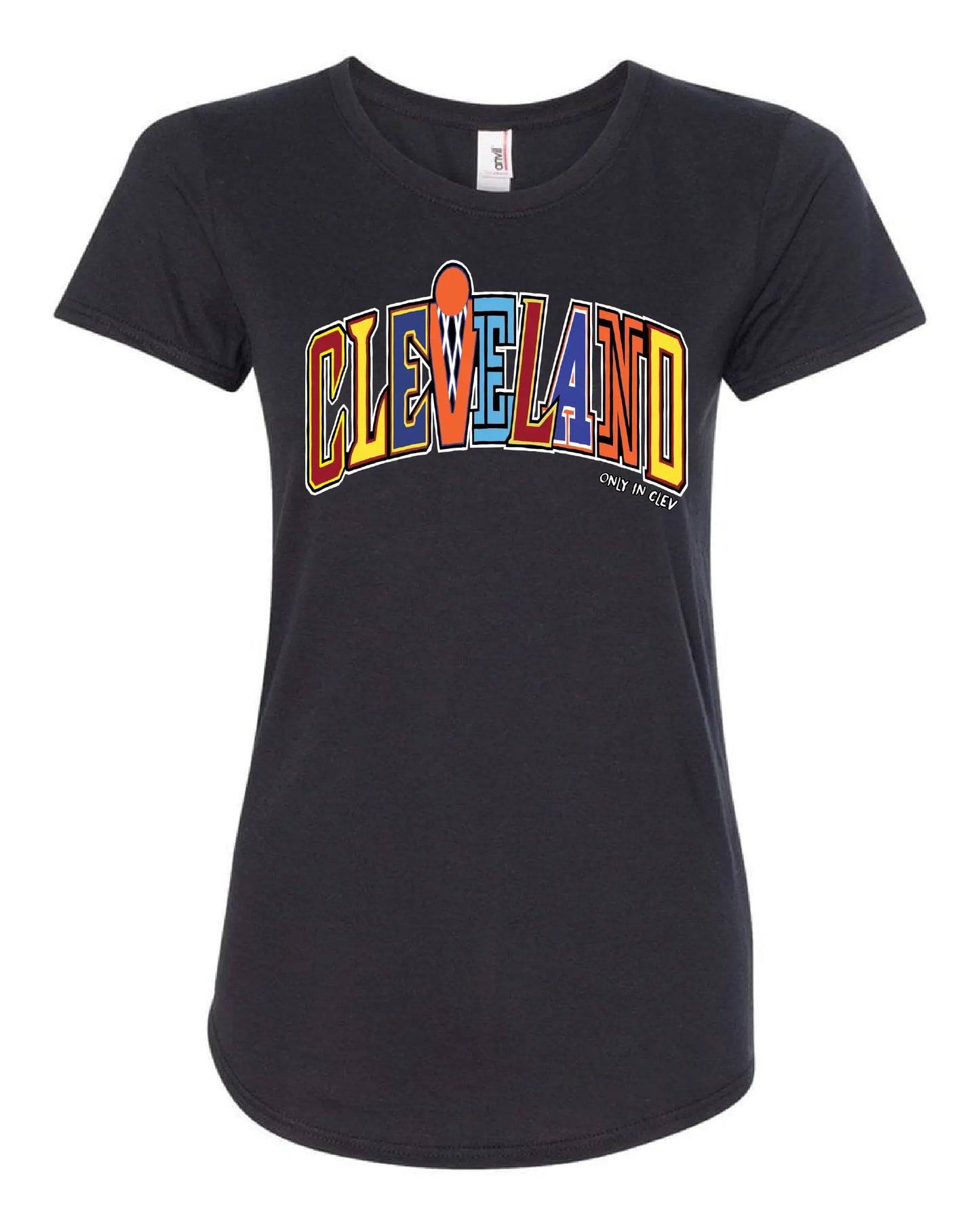 "Cleveland Basketball Colorful Script" on Black - Only in Clev 