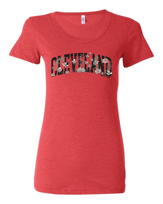 "Flowering Script Cleveland" on Red - Only in Clev 2XL-Women-s-Short-Sleeve-T-Shirt