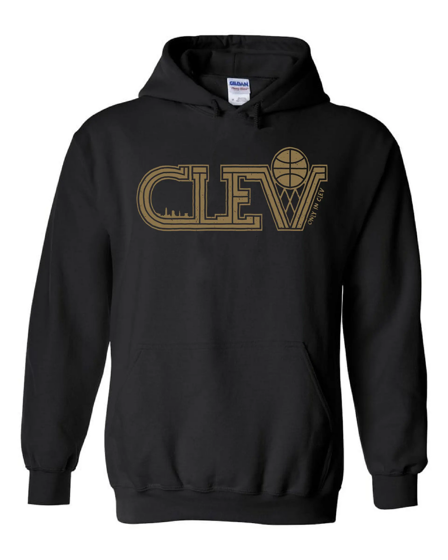 "Clev Skyline Basketball Gold" on Black - Only in Clev 