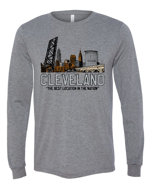 "Best Location in the Nation" Colorful Skyline" on Gray - Only in Clev