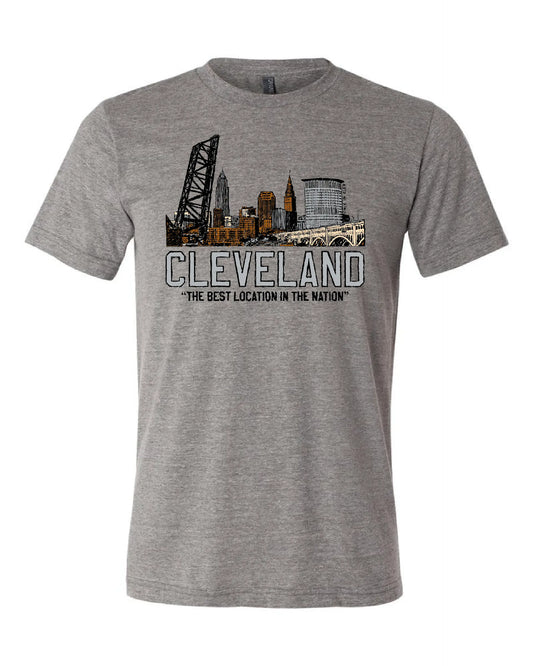 "Best Location in the Nation" Colorful Skyline" on Gray - Only in Clev
