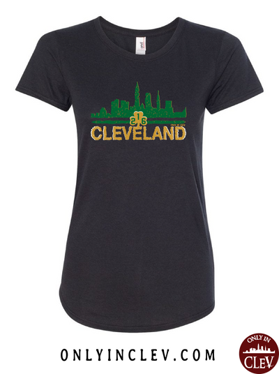 Cleveland Irish Skyline on Black Womens T-Shirt - Only in Clev