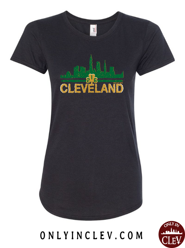 Cleveland Irish Skyline on Black Womens T-Shirt - Only in Clev