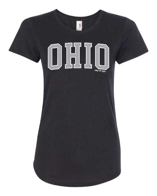 "Arched Metallic Silver Ohio" Design on Black - Only in Clev