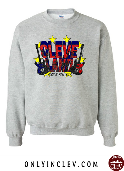 Cleveland Rock and Roll City on Grey Crewneck Sweatshirt - Only in Clev
