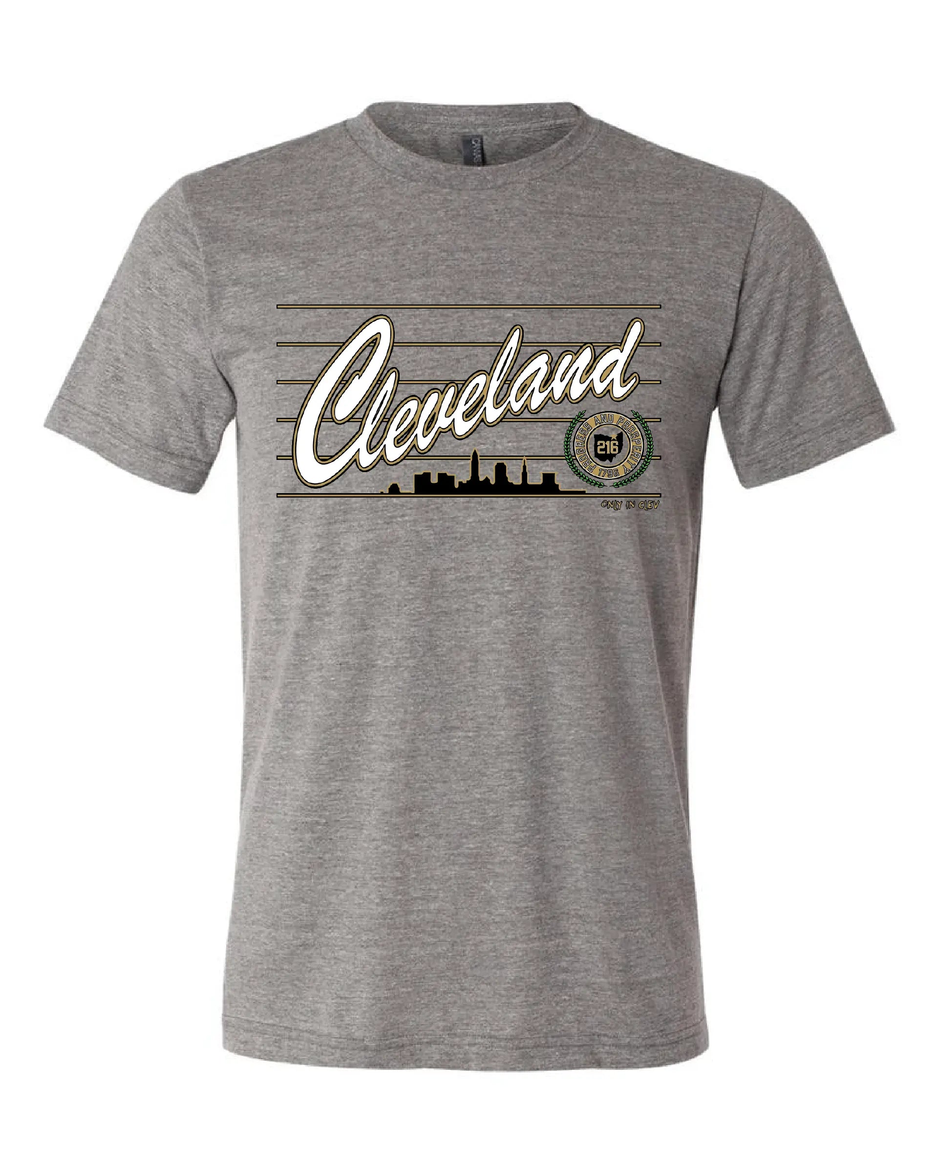 "Cleveland Script Metallic Gold" Design on Gray - Only in Clev