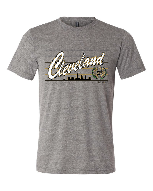 "Cleveland Script Metallic Gold" Design on Gray - Only in Clev