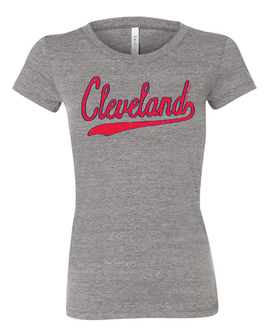 "Red Script" Cleveland Baseball Design on Gray - Only in Clev 2XL-Women-s-Short-Sleeve-T-Shirt