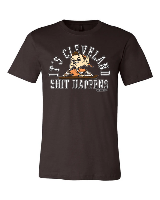 Shit Happens Drinking Elf  Design" on Brown - Only in Clev 