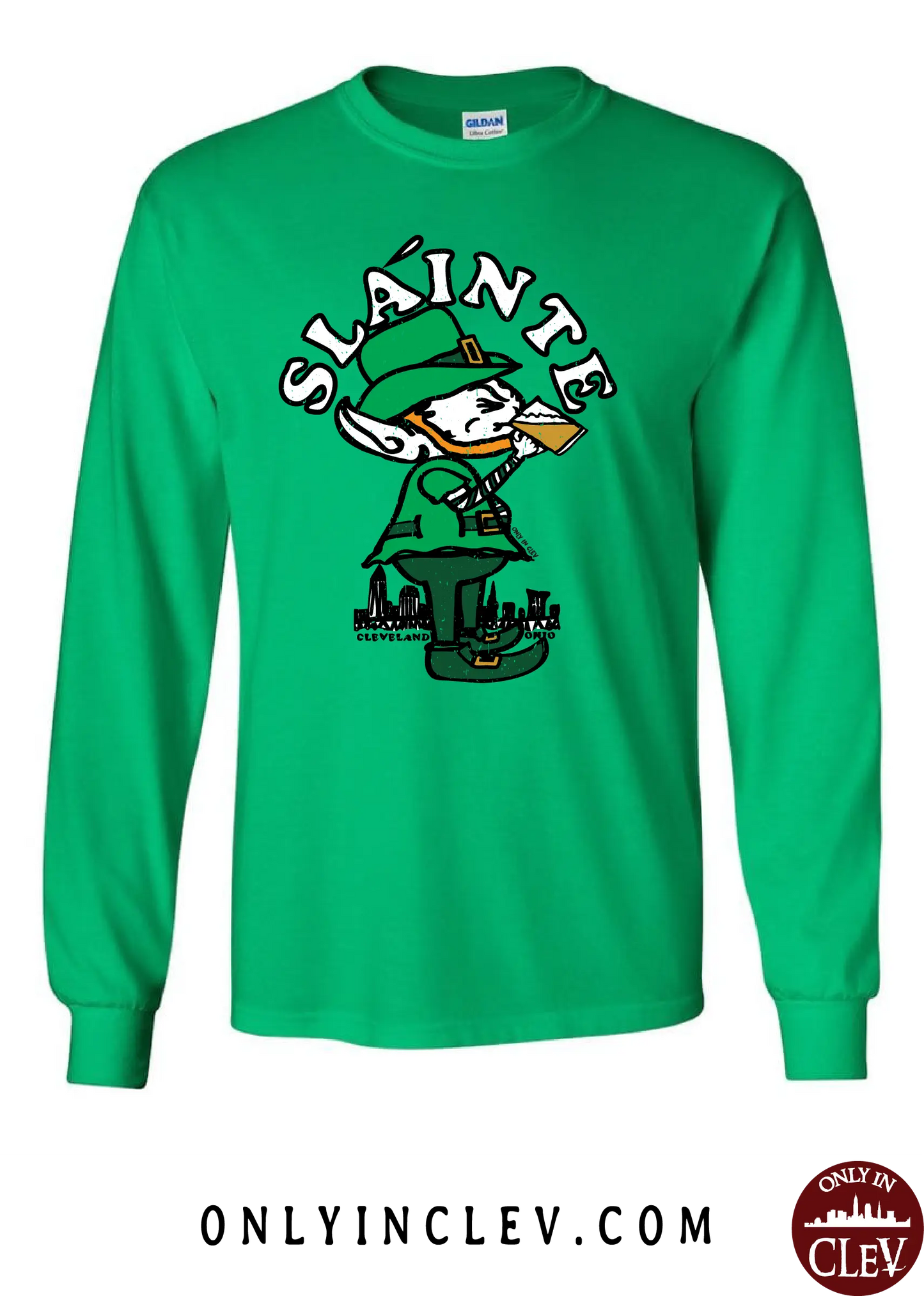 "Slainte Drinking Elf" design on Green - Only in Clev