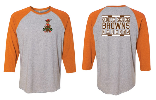 "South Shores Backers"  Alternate Design on Raglan 3/4 Quarters - Only in Clev 2XL-Raglan-3-4-sleeves-gray-orange-color