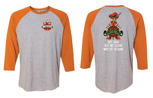 "South Shores Backers"  Elf Design on Raglan 3/4 Quarters - Only in Clev 2XL-Raglan-3-4-sleeves-gray-orange-color