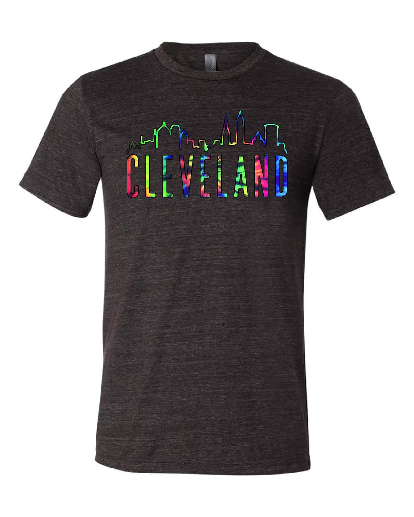 A black  t-shirt with the word 'CLEVELAND' printed in colorful letters with the Cleveland skyline.