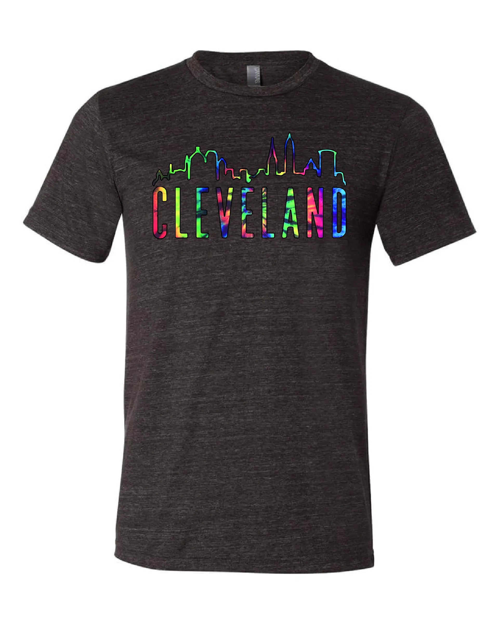A black  t-shirt with the word 'CLEVELAND' printed in colorful letters with the Cleveland skyline.