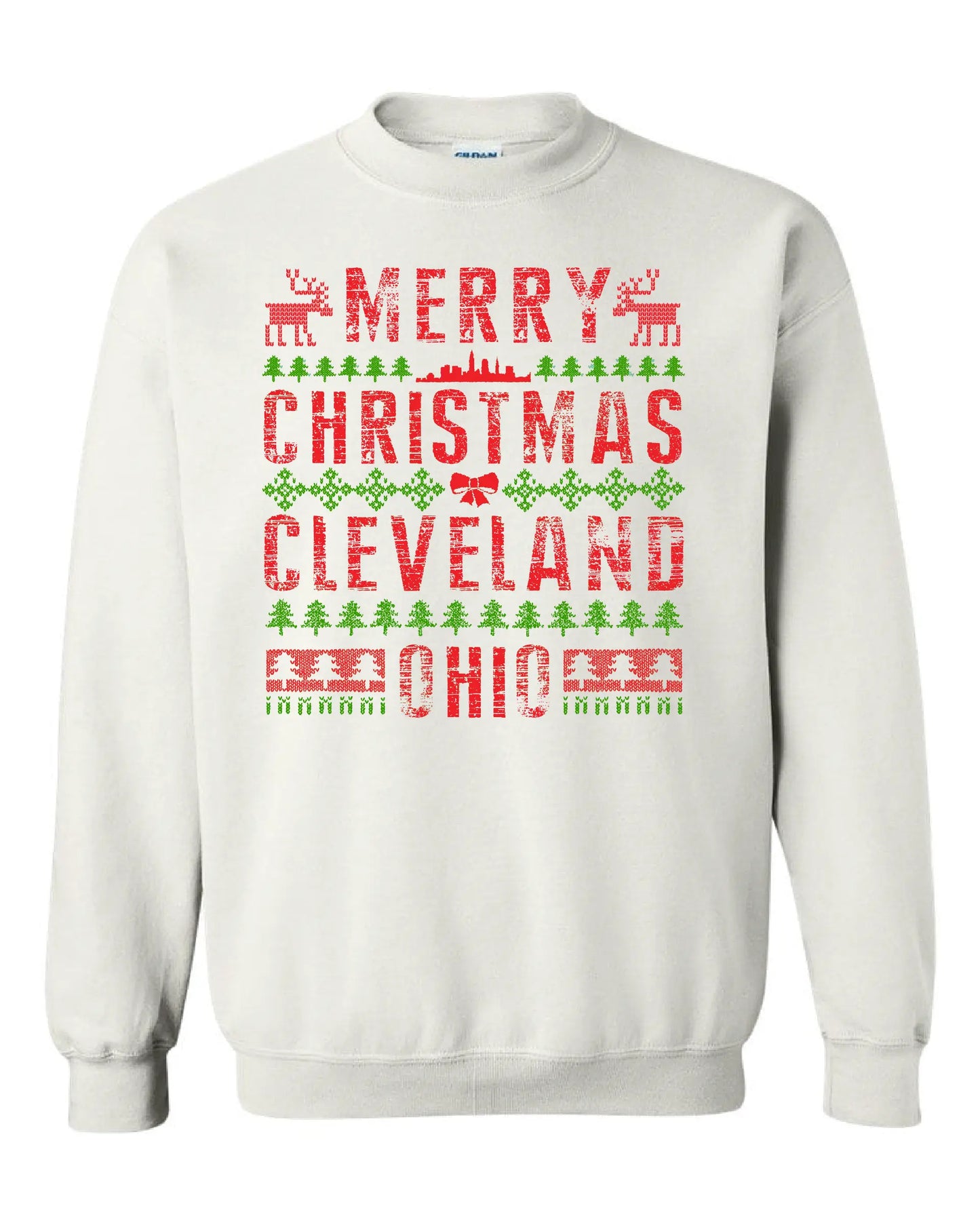 Merry Christmas Cleveland Ohio on crewneck with festive red and green holiday design featuring reindeer, Christmas trees, and Cleveland skyline.