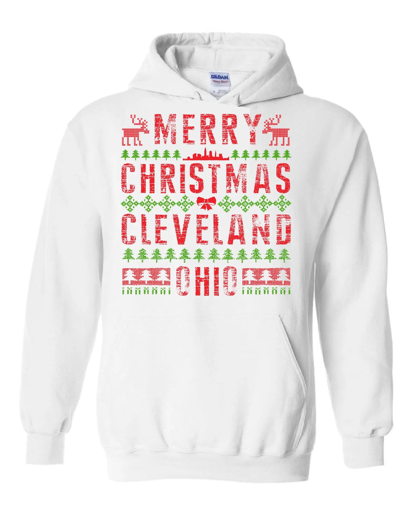 Merry Christmas Cleveland Ohio on hooded sweatshirt with festive red and green holiday design featuring reindeer, Christmas trees, and Cleveland skyline.